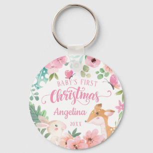 Roze Blush Floral Woodland Baby's eerste Kerstmis Sleutelhanger