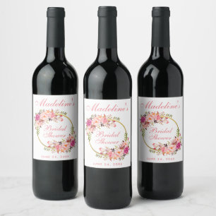 Roze Blush Floral Wreath Vrijgezellenfeest Wijn Etiket