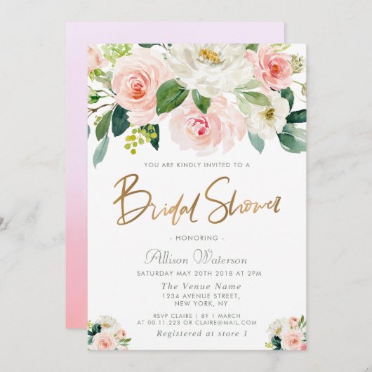 roze blush florale bridale doucheuitnodiging kaart (Voorkant / Achterkant)