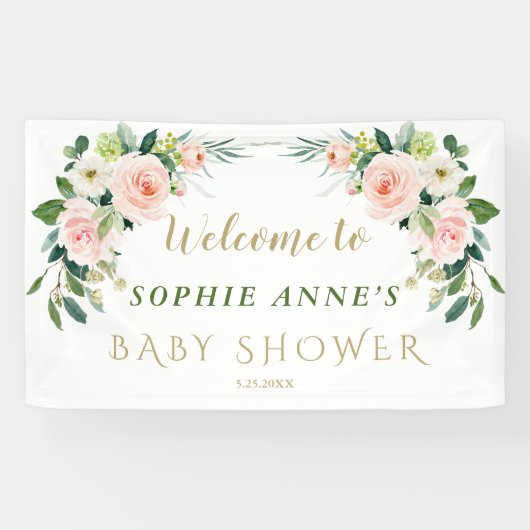 Roze Blush Flowers Baby shower Welkomstteken Spandoek (Horizontaal)