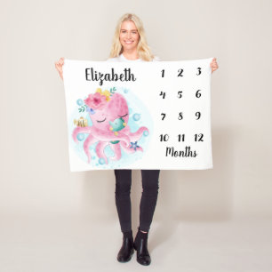 Roze Blush Flowers en Octopus Baby Milestone Fleece Deken