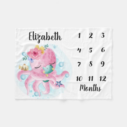 Roze Blush Flowers en Octopus Baby Milestone Fleece Deken (Voorkant (Horizontaal))