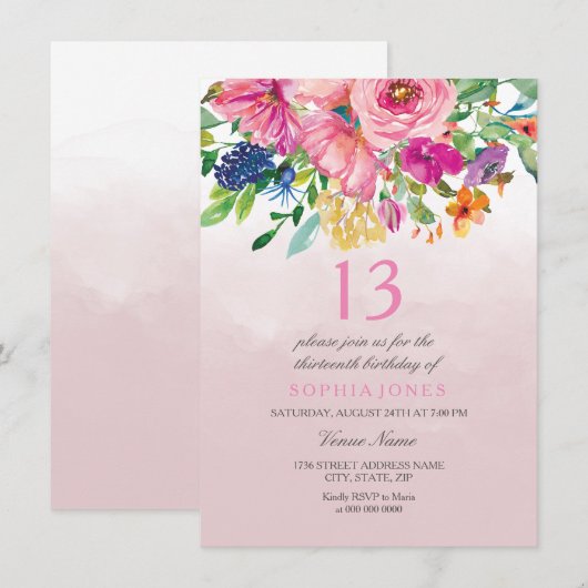 Roze Blush Flowers Girls 12e 13e verjaardag Kaart (Voorkant / Achterkant)