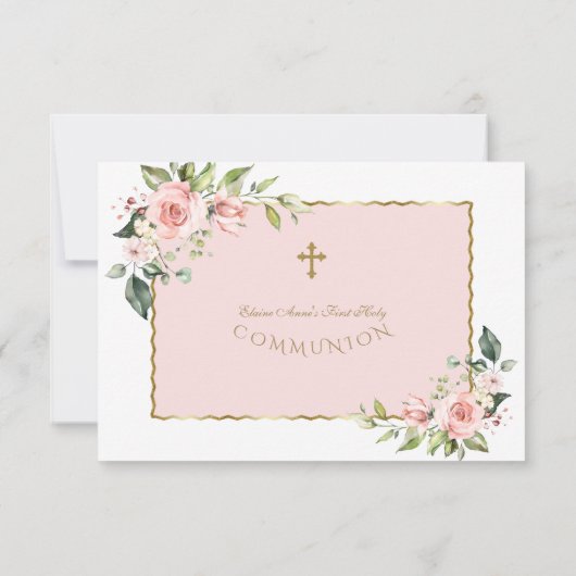 Roze Blush Flowers Gold Cross First Heilige Commun Bedankkaart (Achterkant)