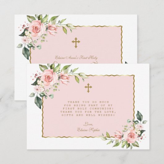 Roze Blush Flowers Gold Cross First Heilige Commun Bedankkaart (Voorkant / Achterkant)