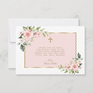Roze Blush Flowers Gold Cross First Heilige Commun Bedankkaart