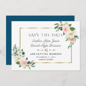 Roze Blush Flowers Gold Lijst Navy Blue Weddenscha Save The Date (Voorkant / Achterkant)
