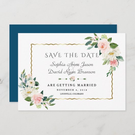 Roze Blush Flowers Gold Lijst Navy Blue Weddenscha Save The Date (Voorkant / Achterkant)