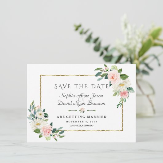 Roze Blush Flowers Gold Lijst Navy Blue Weddenscha Save The Date (Staand voorkant)