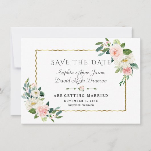 Roze Blush Flowers Gold Lijst Navy Blue Weddenscha Save The Date (Voorkant)