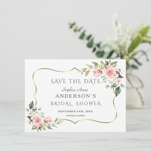 Roze Blush Flowers Gold Lijst Vrijgezellenfeest Save The Date (Staand voorkant)