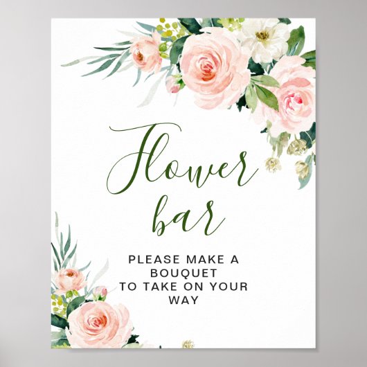 Roze Blush Flowers Greenery Floral Flower Bar Sign Poster (Voorkant)