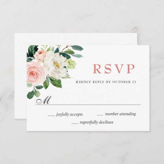 Roze blush Flowers Greenery Waterverf Weddenschap RSVP Kaartje (Voorkant / Achterkant)