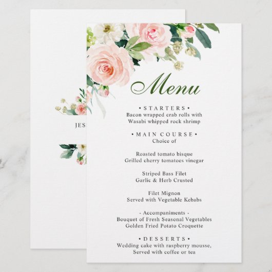 Roze Blush Flowers Greenery Weddenrenmenu (Voorkant / Achterkant)