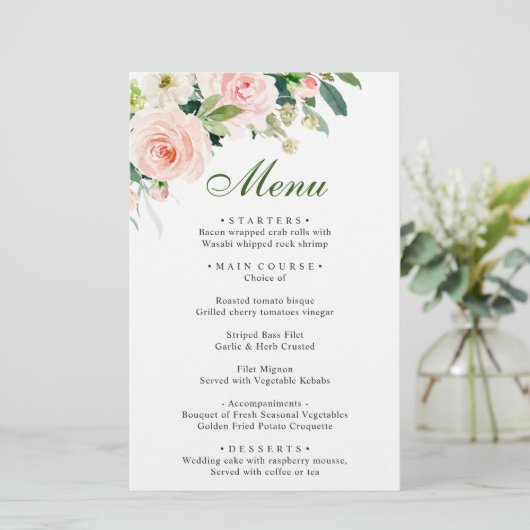 Roze Blush Flowers Greenery Weddenrenmenu (Staand voorkant)