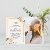 Roze Blush & Folie Goud Bloemen Afstudeerder Party Kaart (Staand voorkant)