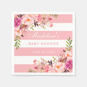 Roze Blush Gestreept Bloemen Baby shower Servet