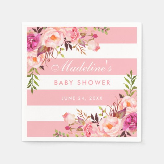 Roze Blush Gestreept Bloemen Baby shower Servet (Voorkant)