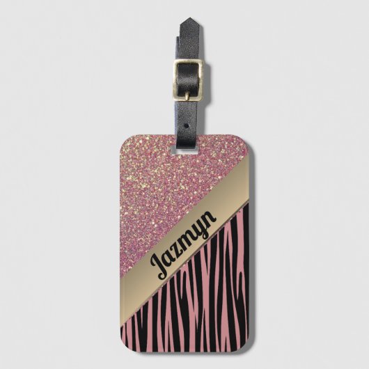 Roze Blush Glam Zebra Print gepersonaliseerd Bagagelabel (Voorkant (verticaal))