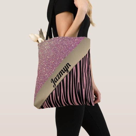 Roze Blush Glam Zebra Print gepersonaliseerd Tote Bag (Dichtbij)