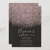  Roze Blush Glitter Black Sweet 16 Party Kaart (Voorkant / Achterkant)