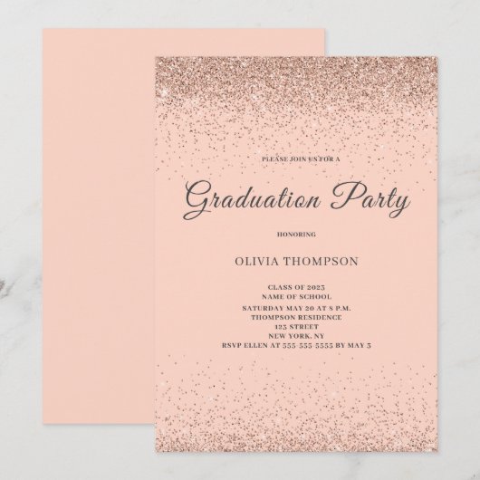 Roze Blush Glitter Graduation Party Kaart (Voorkant / Achterkant)