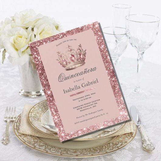 Roze Blush Glitter Tiara Kroon Elegant Quinceañera Kaart
