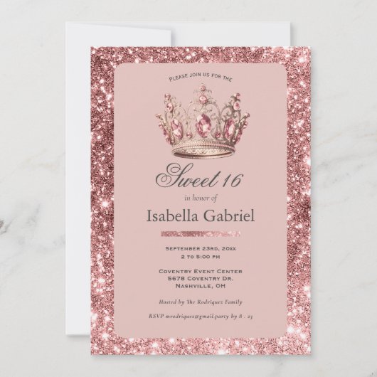 Roze Blush Glitter Tiara Kroon Elegant Sweet 16 Kaart (Voorkant)