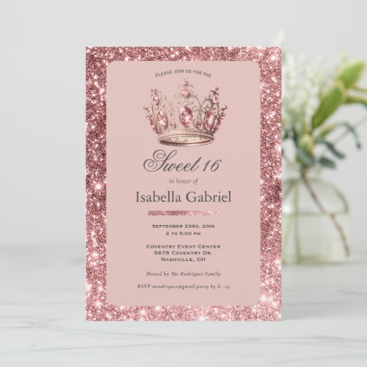 Roze Blush Glitter Tiara Kroon Elegant Sweet 16 Kaart (Staand voorkant)