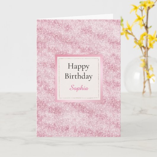 Roze Blush Glitter Verjaardag Kaart (Gele Bloem)