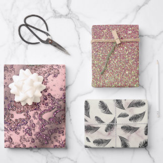 Roze blush Glittery Marble Feathers Inpakpapier Vel