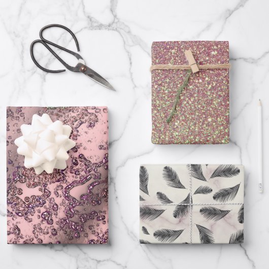 Roze blush Glittery Marble Feathers Inpakpapier Vel (Voorkant)