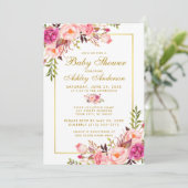 Roze Blush Gold Floral Baby shower Invitation Kaart (Staand voorkant)