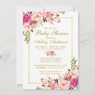 Roze Blush Gold Floral Baby shower Invitation Kaart