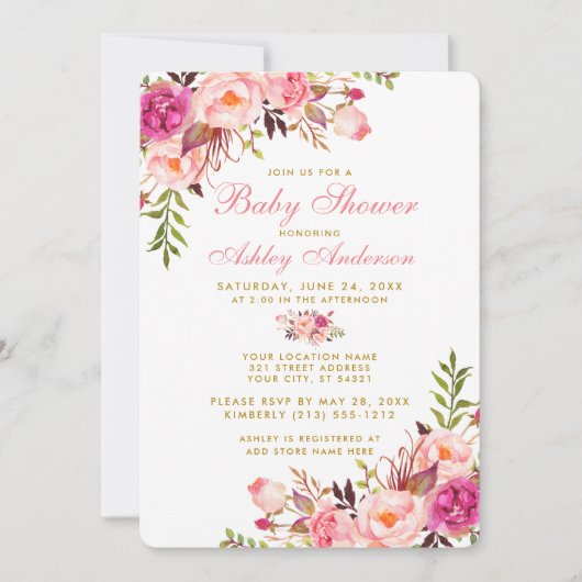 Roze Blush Gold Floral Baby shower Invitation RP Kaart (Voorkant)