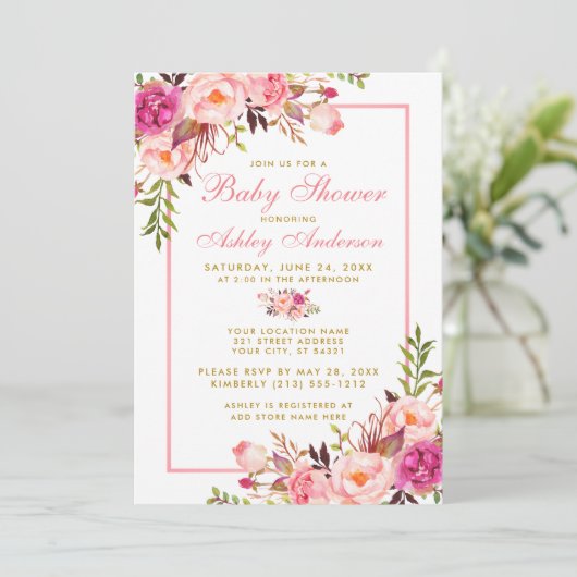 Roze Blush Gold Floral Baby shower Uitnodiging PS (Staand voorkant)