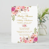 Roze Blush Gold Floral Baby shower Uitnodiging R (Staand voorkant)