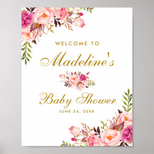 Roze Blush Gold Floral Baby shower Welkom Poster