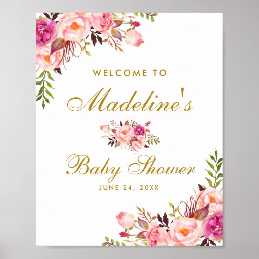 Roze Blush Gold Floral Baby shower Welkom Poster (Voorkant)