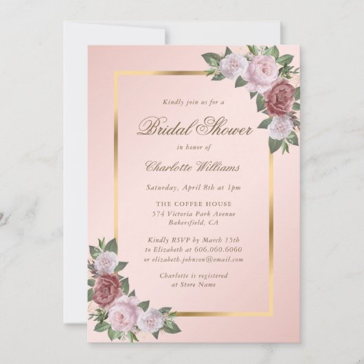 Roze Blush Gold Floral Bridal Shower Kaart (Voorkant)
