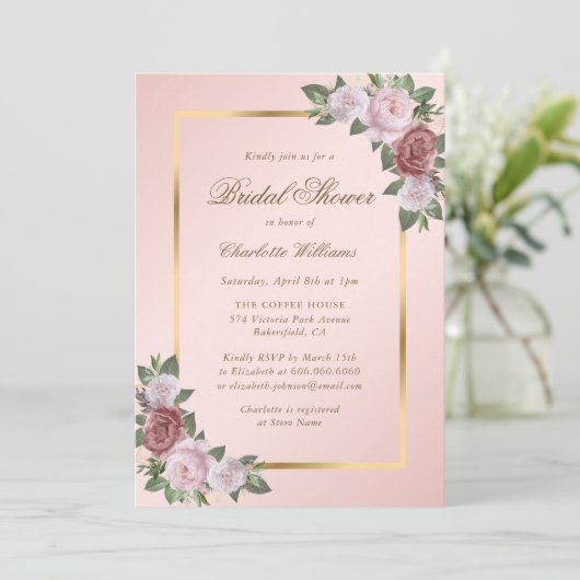 Roze Blush Gold Floral Bridal Shower Kaart (Staand voorkant)