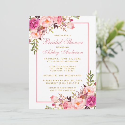 Roze Blush Gold Floral Bridal Shower Uitnodiging P (Staand voorkant)