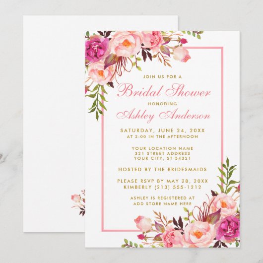 Roze Blush Gold Floral Bridal Shower Uitnodiging P (Voorkant / Achterkant)