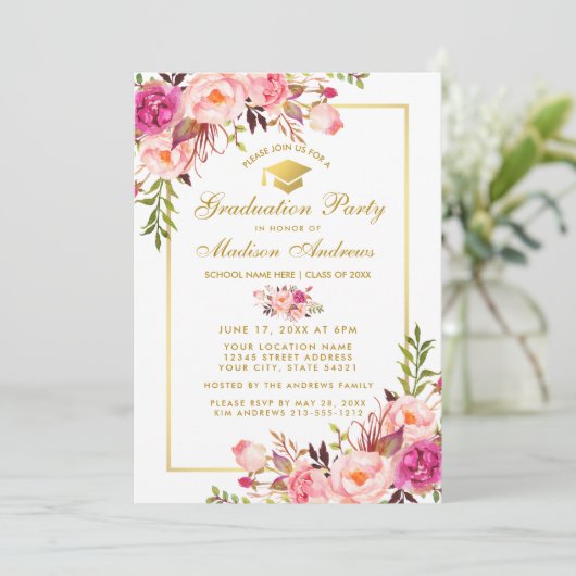 Roze Blush Gold Floral Gradual Party Invitation Kaart (Staand voorkant)