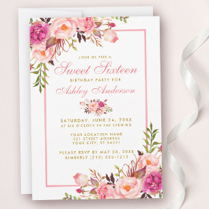 Roze Blush Gold Floral Sweet 16 Birthday Invite Kaart