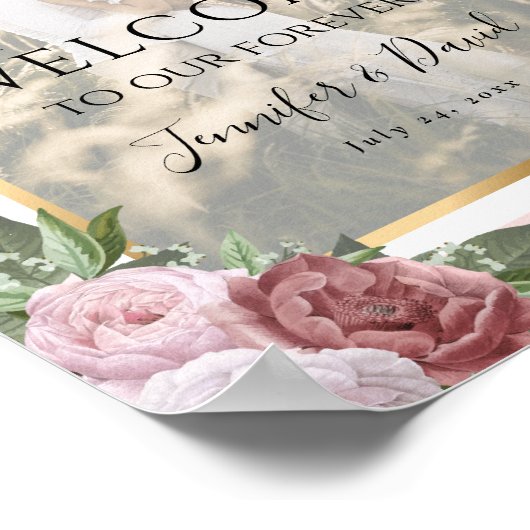 Roze Blush Gold Floral Weduwfoto Welkomstteken Poster (Hoek)