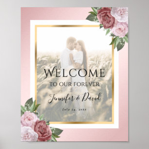 Roze Blush Gold Floral Weduwfoto Welkomstteken Poster