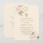 Roze Blush Gold Flowers Cross Champagne Baptisme Kaart (Voorkant / Achterkant)