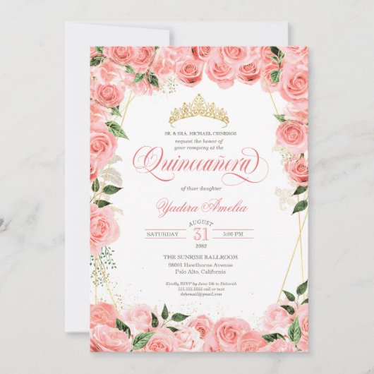 Roze Blush & Gold Glam Rozen Elegant Quinceanera Kaart (Voorkant)