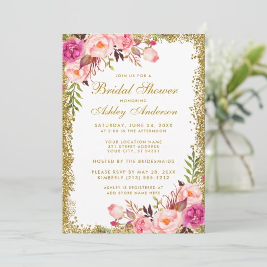 Roze Blush Gold Glitter Floral Vrijgezellenfeest Kaart (Staand voorkant)